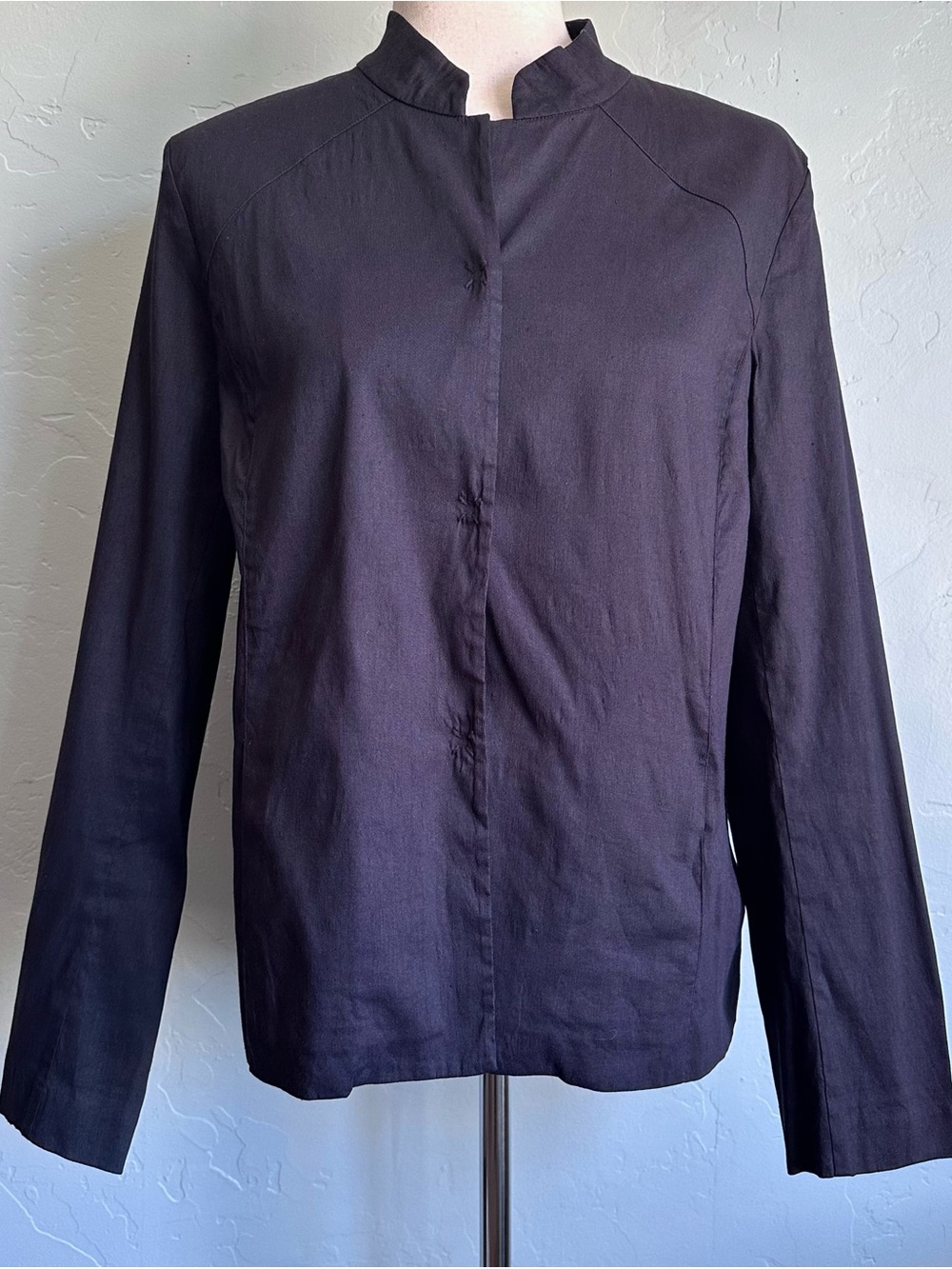 Eileen Fisher Italian Linen Blend Snap Up Jacket Blue Medium Modern Minimalist